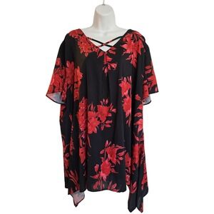 Misslook Women Black Red Floral‎ Print V-Neck Asymmetrical Tunic Top 5XL /0491